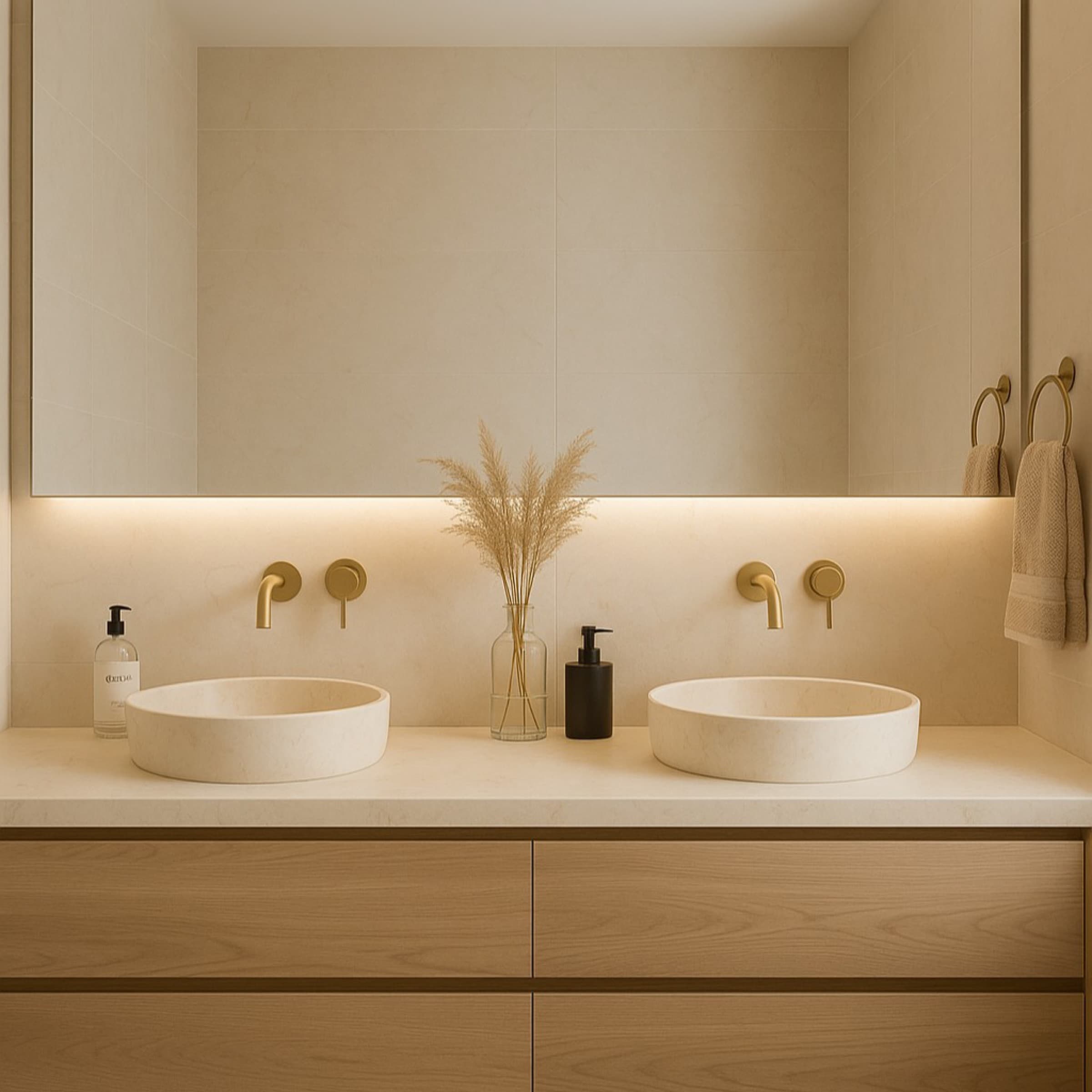 Salle de bain avec plan double vasque en Minéralis Cream Canyon